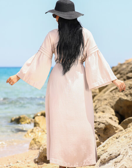 Pleated v neck linen dress - Image 4